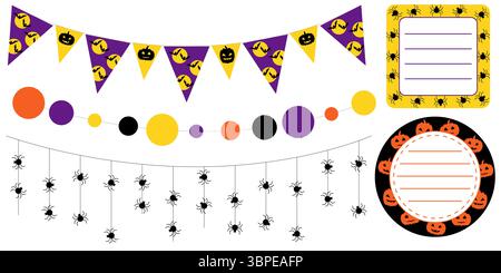 Dekoelemente für Halloween-Partys mit Girlanden und Aufklebern in lila Gelb Orange und Schwarz. Runde und quadratische Etiketten mit saisonalen Motiven für Stock Vektor