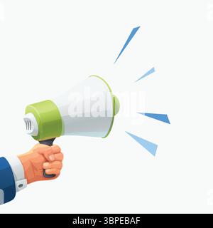 Eine Hand, die den Lautsprecher auf der weißen Rückseite hält Stock Vektor