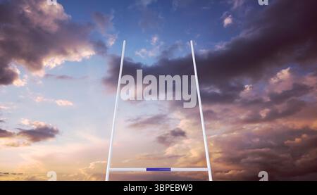 Weiße Torpfahl steht auf leerem Feld vor dem dramatischen violetten und goldenen Sonnenaufgangshimmel in flachem Design Stockfoto