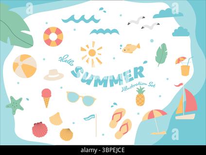 Illustrationsset mit Sommer- und Meeresartikeln. Sommer Urlaub Ikonen reisen Hallo Sommer Vektor Design Stock Vektor