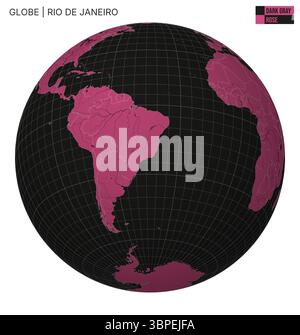 Vektorkugel mit Schwerpunkt auf Rio de Janeiro. Dunkelgrau und rosa Farbpalette. Weltkarte mit Meridianen, Parallelen, Ländern, Flüssen und Seen. Stock Vektor