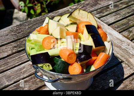 Lebendige Auswahl an frisch gehacktem Gemüse, einschließlich Karotten, Zucchini und Auberginen, in einer Schüssel auf einem rustikalen Holztisch im Freien Stockfoto