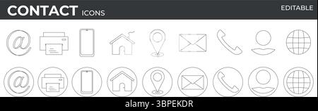 Web-Symbolsatz, Kontaktsymbole, Visitenkartensymbole, flache Linie Stock Vektor