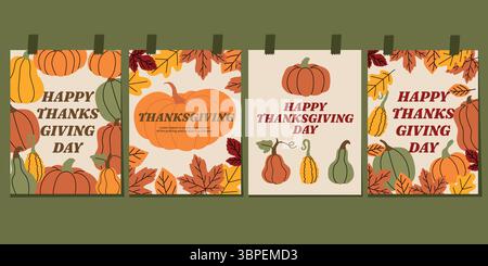 Set von Thanksgiving-Grußkarten mit Kürbissen, Kürbissen und Herbstblättern. Festliche Herbstillustrationen in warmen Erdtönen. Perfekt für die Saison Stock Vektor