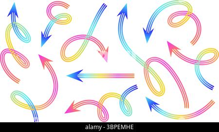 Satz von Verlaufspfeilen, die in verschiedene Richtungen auf weißem Hintergrund schwenken und zeigen. Stock Vektor