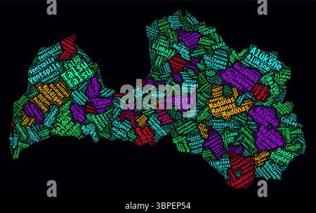 Lettland Wortwolke. Regionale Namen des Landes in lettischer Sprache. Helles Neondesign auf dunklem Hintergrund. Stock Vektor