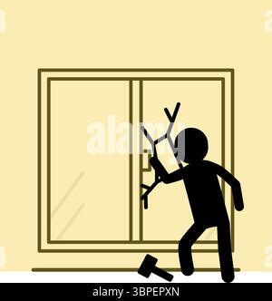 Verdächtige Person bricht ein, indem sie Fenster mit Hammer, Verbrechensverhütung und Home Security Icons, Vektor-Illustration Stock Vektor