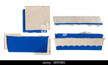 Collage aus zerrissener blauer Papierverpackung, geeignet als Hintergrund für Textfelder mit Beschneidungspfad. Geometrische Form, die aus einem Junk erstellt wurde. Stockfoto