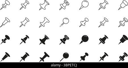 Drücken Sie Pin Line Und Solid Symbol Set. Büro- Und Organisationstools – Outline And Silhouette Symbol Collection. Schreibwaren Und Zubehör Für Pinnwände Stock Vektor