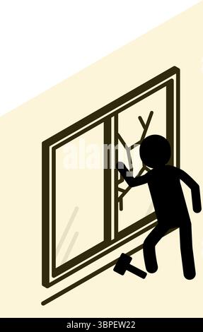 Verdächtige Person bricht ein, indem sie Fenster mit Hammer zerschmettert, Kriminalprävention und Home Security Isometrisches Symbol, Vektor-Illustration Stock Vektor