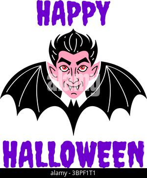 Niedlicher Vampir zwischen den Phrasen HAPPY und HALLOWEEN in einem tropfenden, zerklüfteten Stock Vektor