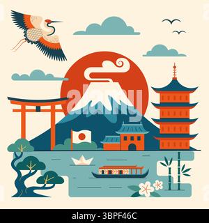 Reisen Sie nach Japan Oldtimer-Poster mit Mount Fuji Stock Vektor