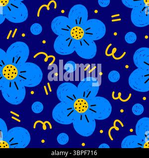 Ein verspieltes und lebendiges nahtloses Muster mit handgezeichneten Blumen, Polka Dots und Scribbles Stock Vektor
