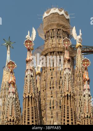 Detail der verzierten Zinnen auf den Türmen der Sagrada Familia, die den laufenden Bau und die Gerüste in Barcelona, Spanien, zeigen. Stockfoto