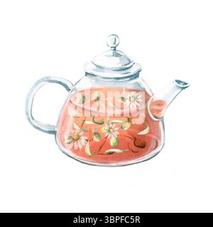 Transparente Teekanne mit Kamillentee innen in Aquarellfarbe. Isolierte Illustration in realistischem Stil für die Gestaltung von Restaurantmenü, Café, Teeladen, Co Stockfoto