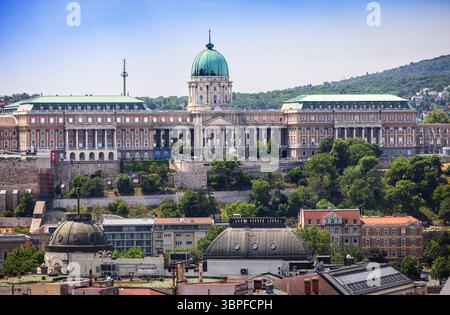 Panoramablick auf das Schloss Buda mit seiner grünen Kuppel und neoklassizistischen Fassade, umgeben von üppigen Hügeln Stockfoto