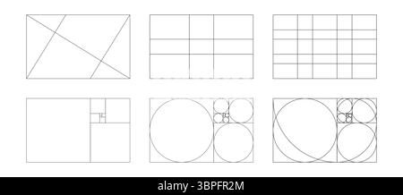 Golden Ratio-Grafikvorlage. Goldener Abschnitt der Methode. Fibonacci-Array, Zahlen. Symbole für Harmony Proportionen. Umrissdarstellung isoliert auf weiß Stock Vektor