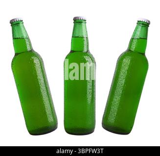 Flaschen mit isolierten Tropfen auf weißem Hintergrund Stockfoto