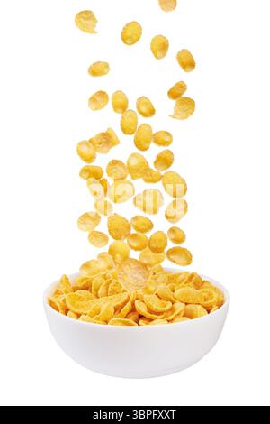 Corn Flakes in der Schüssel fallen auf weißem Hintergrund Stockfoto