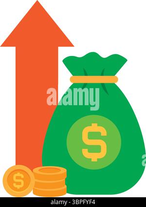 Sammle den Geldstapel mit Münzen und grüner Tasche mit Pfeil nach oben Stock Vektor