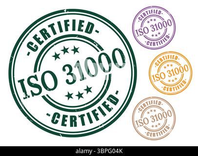 A ISO 31000-Konformitätsetiketten, Vektorstempel für die Garantie zur Risikokontrolle Stock Vektor