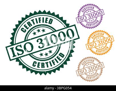 Ein nach ISO 31000 zugelassenes Abzeichen, Stempelset für Risikobewertungssysteme Stock Vektor