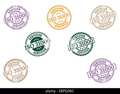 Eine nach ISO 31000 zertifizierte Grunge Stempelsammlung, Risikomanagement-Abzeichen Stock Vektor