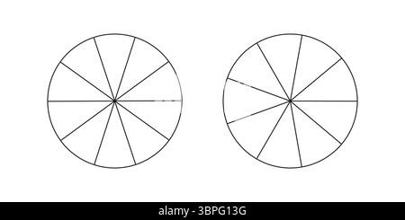 Sammlung segmentierter Diagramme. Viele Sektoren teilen den Kreis auf gleiche Teile. Tortendiagramme festgelegt. Schmale Grafiken umreißen. Stock Vektor