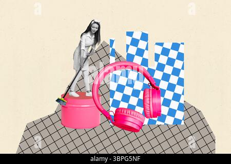 Poster Trendskizze Vorlage 3D-Fotocollage von Ölfässern junge Dame Hausfrau sauberer Raum riesige Kopfhörer Musik-Playlist hören Stockfoto