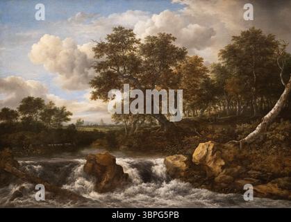 Jacob van Ruisdael Gemälde, 'Landschaft mit Wasserfall', 1668. Niederländisches Goldenes Zeitalter; niederländische Landschaft aus dem 17. Jahrhundert Stockfoto