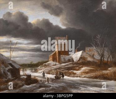 Jacob van Ruisdael Gemälde, „Winterlandschaft“, um 1665. Niederländisches Goldenes Zeitalter; niederländisches Landschaftsbild des Winters mit grauem Himmel aus dem 17. Jahrhundert Stockfoto