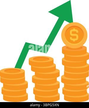 Erhöhen Sie die Gelderhöhung mit Münzstapel und grünem Pfeil Stock Vektor