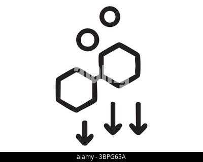 Schwarzes Symbol der sechseckigen chemischen Verbindung mit Pfeilen und Kreisen, isoliert auf weißem Hintergrund, grafische Abbildung. Konzept der Chemie, Wissenschaft, Stock Vektor