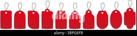 Satz von isolierten, realistischen roten, leeren Etiketten für Vektoren oder Einzelhandelsetiketten mit Zeichenfolge. Verkaufspreise. Stock Vektor