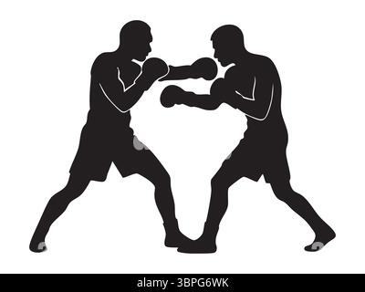 Schwarze Silhouette von zwei Boxern in Kampfstellung, isoliert auf weißem Hintergrund, grafische Illustration. Konzept von Boxen, Sport, Fitness, Kampfsport Stock Vektor