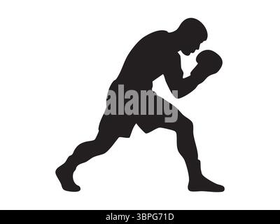 Schwarze Silhouette eines Boxers in Aktion, isoliert auf weißem Hintergrund, grafische Illustration. Konzept von Athlet, Boxen, Kampfkunst, Sportsykone, Stock Vektor