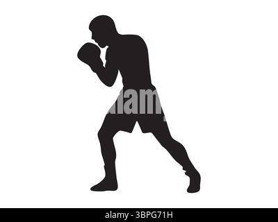 Schwarze Silhouette des Boxers in Kampfstellung, isoliert auf weißem Hintergrund, grafische Illustration. Konzept von Kampfsport, Kampfkunst, Ikone, Logo, Stock Vektor