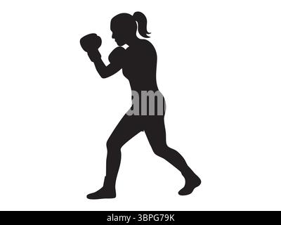 Schwarze Silhouette einer Boxerin in Boxhaltung, isoliert auf weißem Hintergrund, grafische Illustration. Konzept von Fitness, Kraft, Kampfkunst, spo Stock Vektor