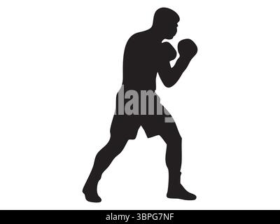 Schwarze Silhouette des Boxers in Kampfstellung isoliert auf weißem Hintergrund, grafische Illustration. Konzept von Mann, Sport, Boxen, Sportler, Training, ico Stock Vektor