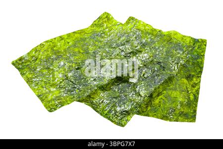 Getrocknete grüne Blätter von Nori-Algen isoliert auf weißem Hintergrund mit Beschneidungspfad Stockfoto