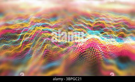 Futuristische abstrakte Linie rot gelb Aqua Element Kugeln Wellenform Oszillation, Visualisierung Wellentechnologie digitale Oberfläche mit Partikelsternen 1 Stockfoto