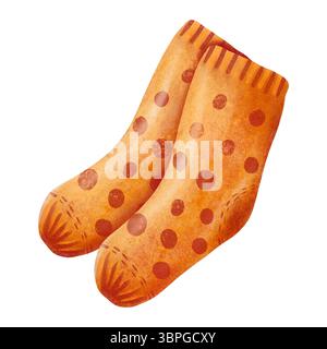 Orangefarbene Socken mit roten Polka Dots im Aquarellstil. Ein lustiges und gemütliches Designelement für Herbst- oder Wintermode, perfekt für die saisonale Einrichtung Stockfoto