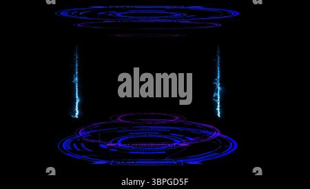 Digitale Laborkapsel mit laserblauem Ringdonnerbolzen auf schwarz isoliert Stockfoto