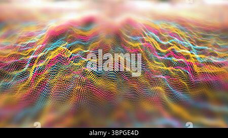 Futuristische abstrakte Linie aqua rot gelb Element Kugeln Wellenform Oszillation, Visualisierung Wellentechnologie digitale Oberfläche mit Partikeln Sternen Stockfoto