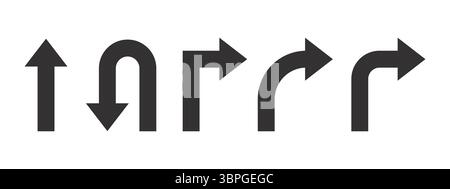 Richtungspfeilsymbole mit geraden, U-Wende-, rechtwinkligen und gekrümmten Navigationssymbolen für Wegsuche und Schnittstellendesign Stock Vektor