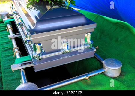 Sargschatulle wird während der Gedenkfeier vorsichtig in ein Grab gesenkt, umgeben von grünen Grasblumen Stockfoto