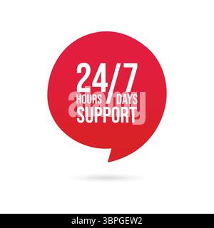 24/7 Symbol für den Kundensupport in roter Sprechblase, das die Verfügbarkeit des Services für Helpdesk, technischen Support oder Online-Unterstützung anzeigt Stock Vektor