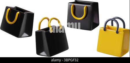 Einkaufstaschen Schwarz und Gelb 3D realistische Vektorsymbole auf weißem Hintergrund Stock Vektor