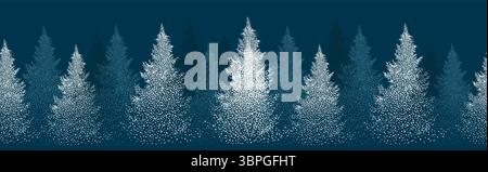 Weihnachten. Winterlicher horizontaler Hintergrund. Hintergrund Winterwald. Weihnachtsbäume aus Punkten. Nahtloser Weihnachtshintergrund. Handzeichnung. Nicht AI Stock Vektor