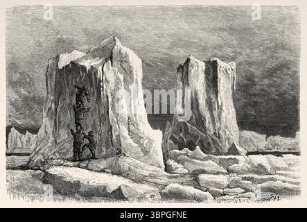Der Brandenburger Tor-Gletscher, Grönland. Entwurf von Jean Pierre Moynet (1819–1876) zweite deutsche Nordpolexpedition der Schiffe La Germania und La Hansa 1869-1870 von Kapitän Paul Friedrich August Hegemann (1836–1913) Le Tour du Monde 1874 Stockfoto
